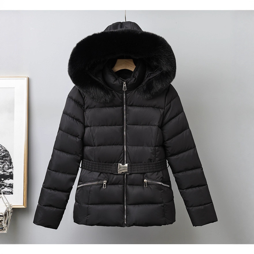 沧州现货跨境欧美女腰带长袖滑雪棉服内里加绒加厚夹克外单棉服