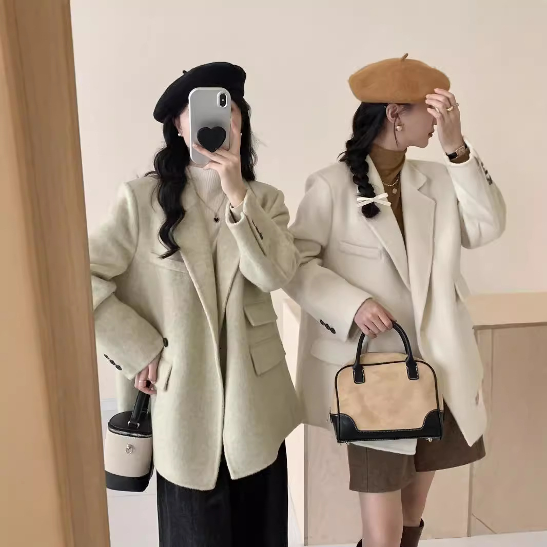 2024 Autumn and Winter New Double-sided Wool Coat Women's Long Wool Short Loose Shoulder Pad Small Suit Women's Wool Coat