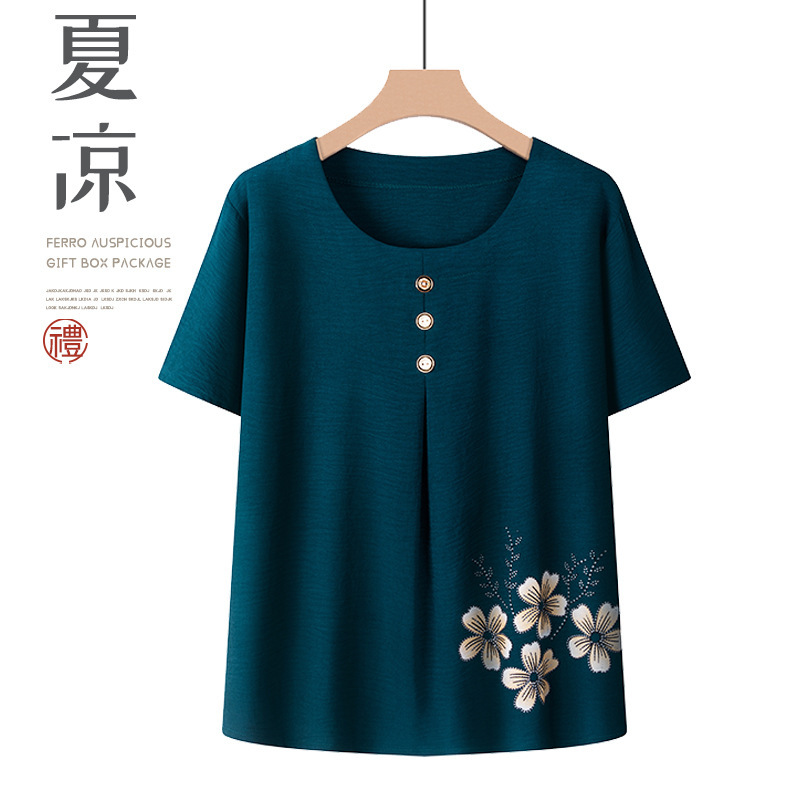 Middle-aged and elderly summer clothes grandmother solid color mother short-sleeved cotton silk suit mother-in-law two-piece clothes printed T-shirt