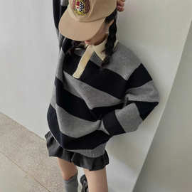 韩国chic冬季韩系慵懒风简约撞色条纹宽松百搭上衣女针织衫毛衣