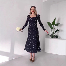 跨境宫廷风法式气质连衣裙修身收腰长袖包臀裙印花优雅女士长裙