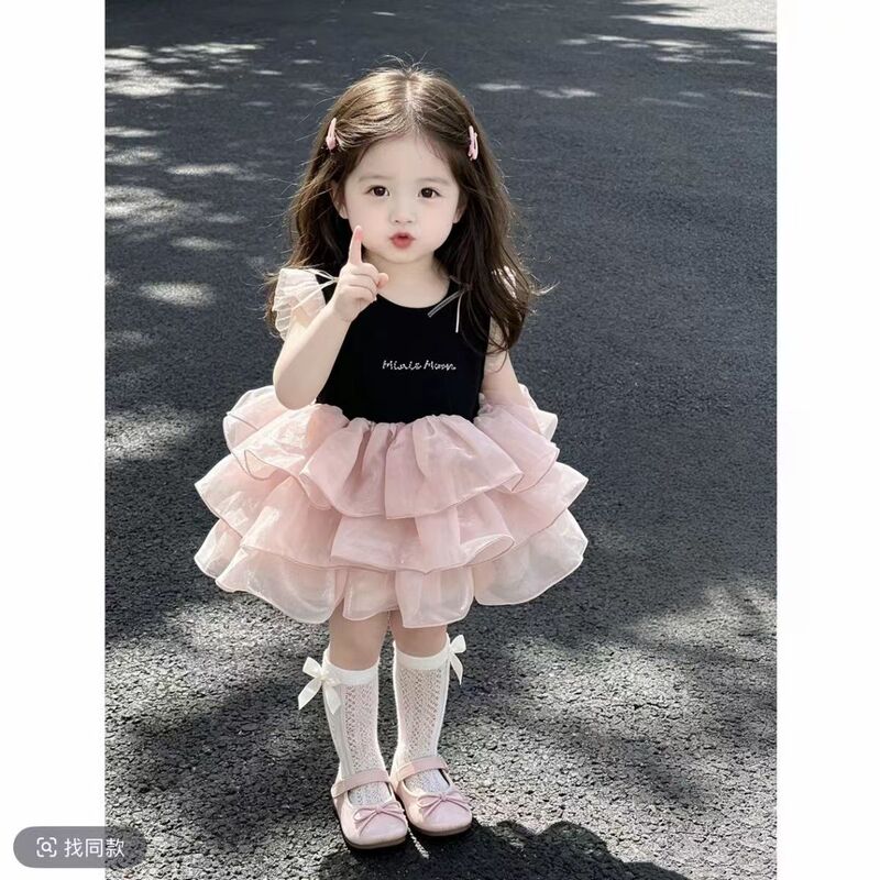 Black Pink Ballet Dress~Girl's Dress, Summer Princess Dress, Gauze Dress, One-Year-Old Dress, Birthday Dress