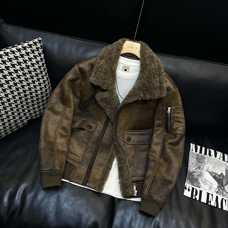 Men's Fur Integrated Jacket Trendy Brand Suede Motorcycle Style Retro Lapel Short Warm Leather Jacket Men's Jacket