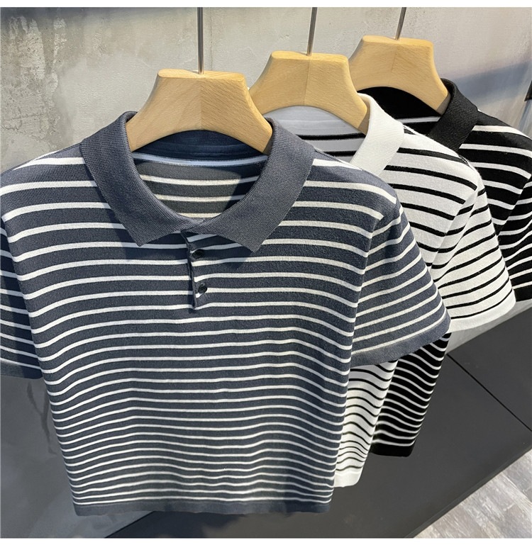 Men's Slim Fit Polo Shirt Striped Short Sleeve Ice Silk T-Shirt Business Casual Lapel Summer Top POLO Clothing_viptrois.com