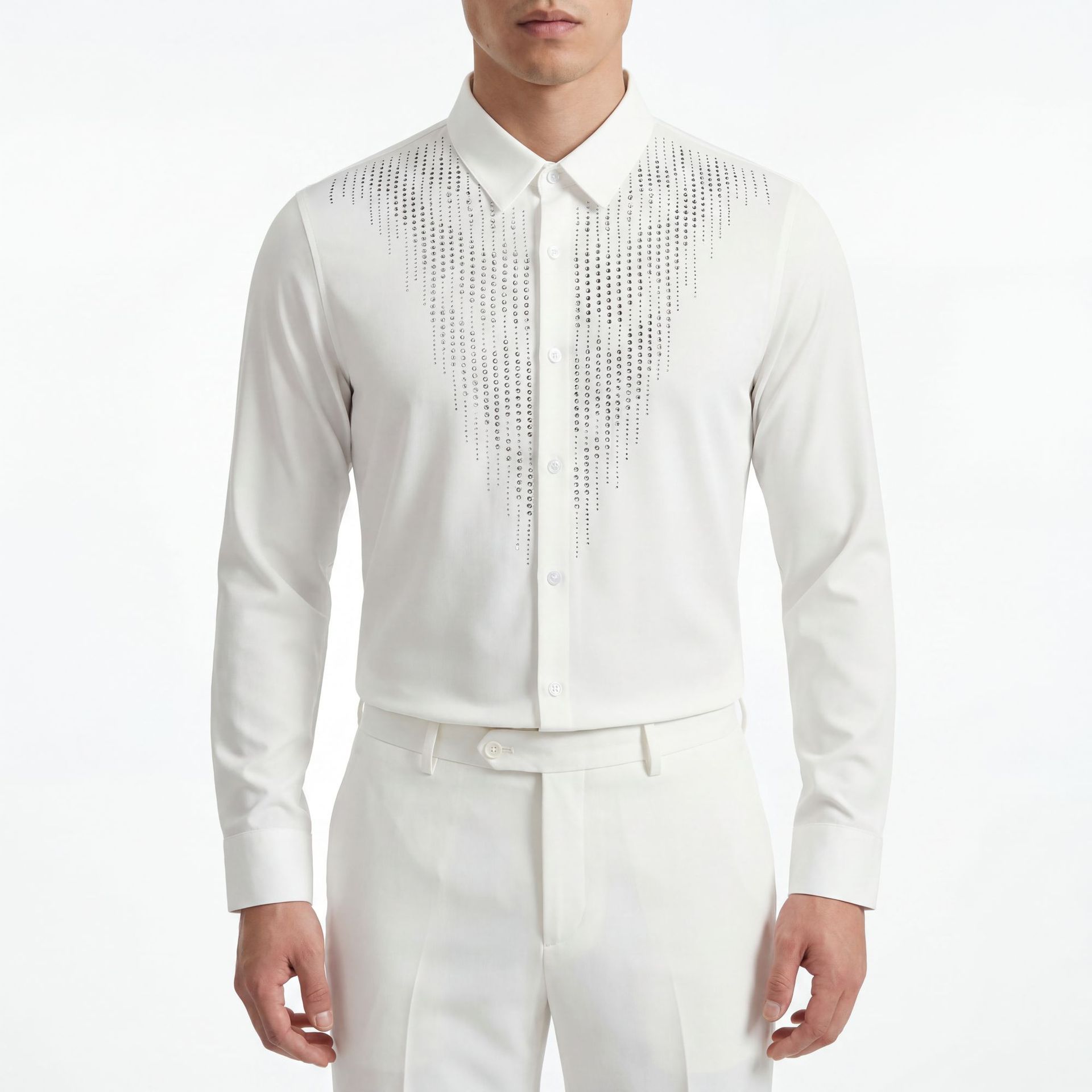 Men's long-sleeved shirts, heavy-duty, rhinestone-embellished, wrinkle-resistant, nylon and spandex, wholesale from manufacturers, luxurious and high-end men's clothing.