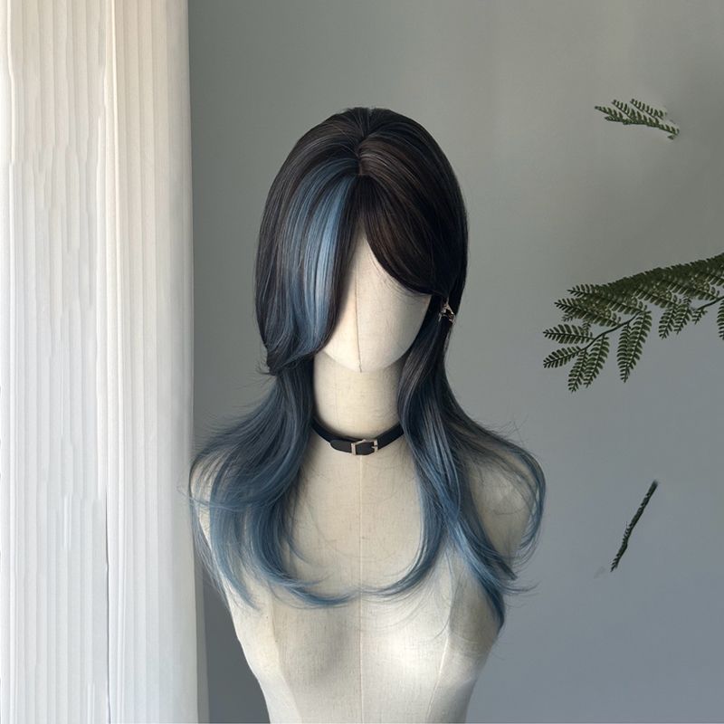 [Blue and Black Wolf Tail] Xiaochi Family Wig Women's Middle Black and Blue Gradual Spotted Spotted Middle and Long Women's Wolf Tail Layers Whole Top