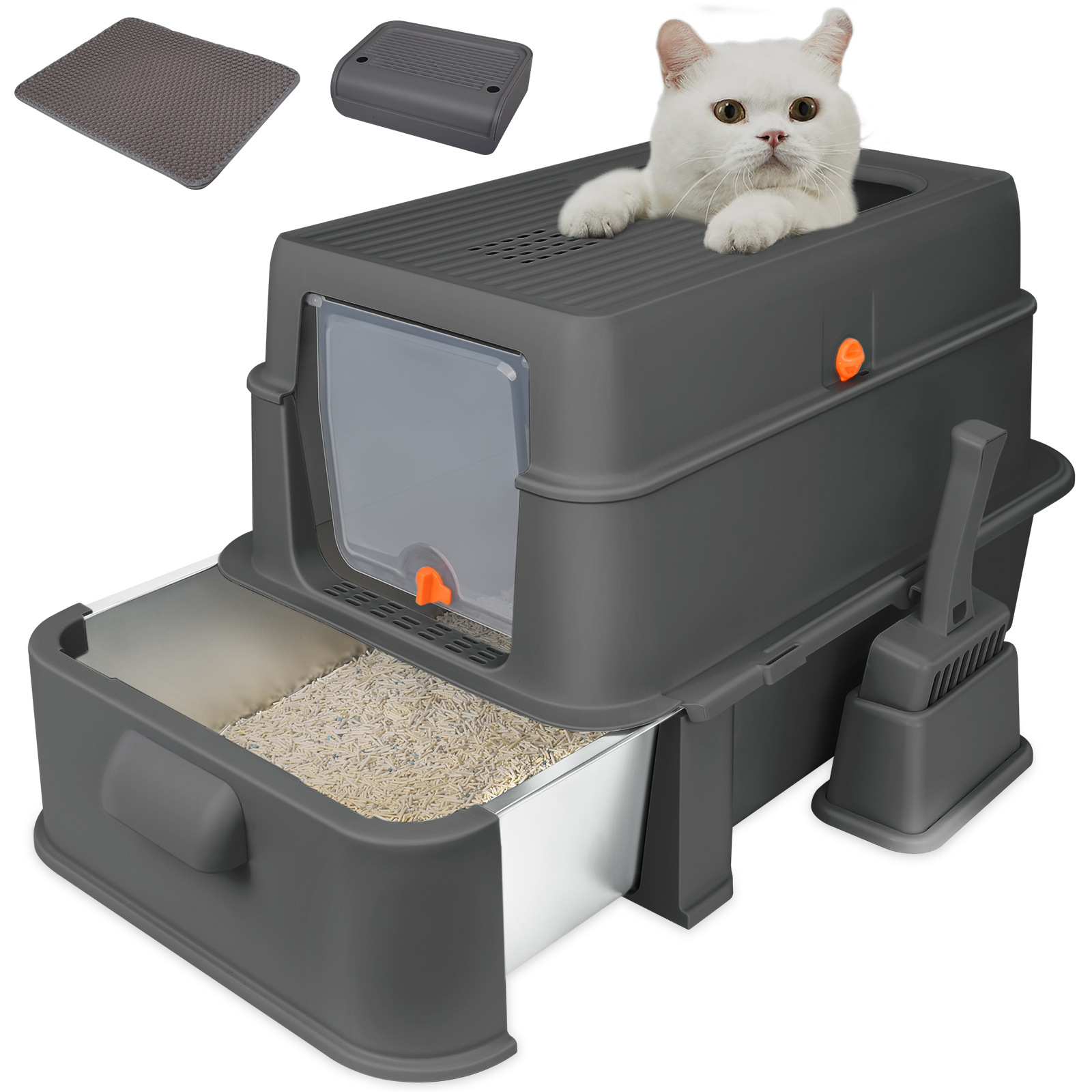 Acero inoxidable semicerrado tipo cajón super grande anti-derrames anti-odorante lavabo de arena para gatos cubierta de inodoro para gatos
