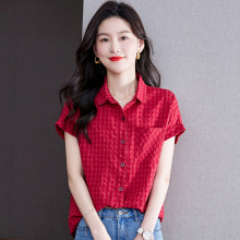 女装夏季优雅洋气宽松气质时尚条纹短袖衬衣韩版百搭衬衫POLO领