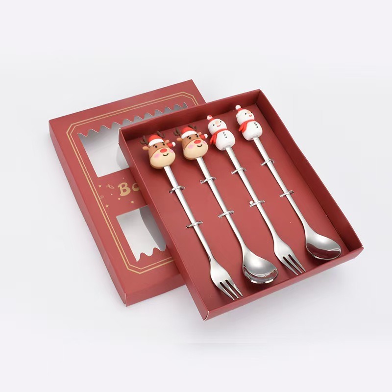 Cucharas de acero inoxidable transfronterizas muñecas de Papá Noel cubiertos cajas de regalo caseras de café mezclador cucharas de postre horquilla de frutas