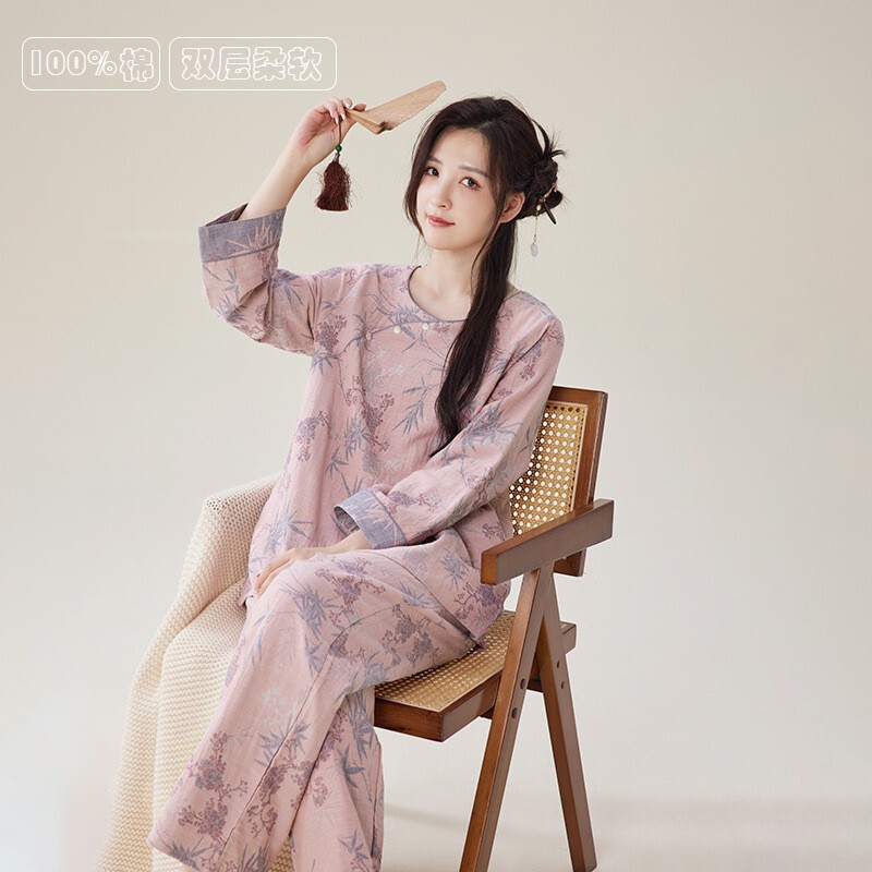 Chinese Style Pajamas for Women, New Chinese Style Pure Cotton Double-Layer Gauze Thin Style Women's Spring and Autumn Long-Sleeved Custom Home Wear Set Wholesale