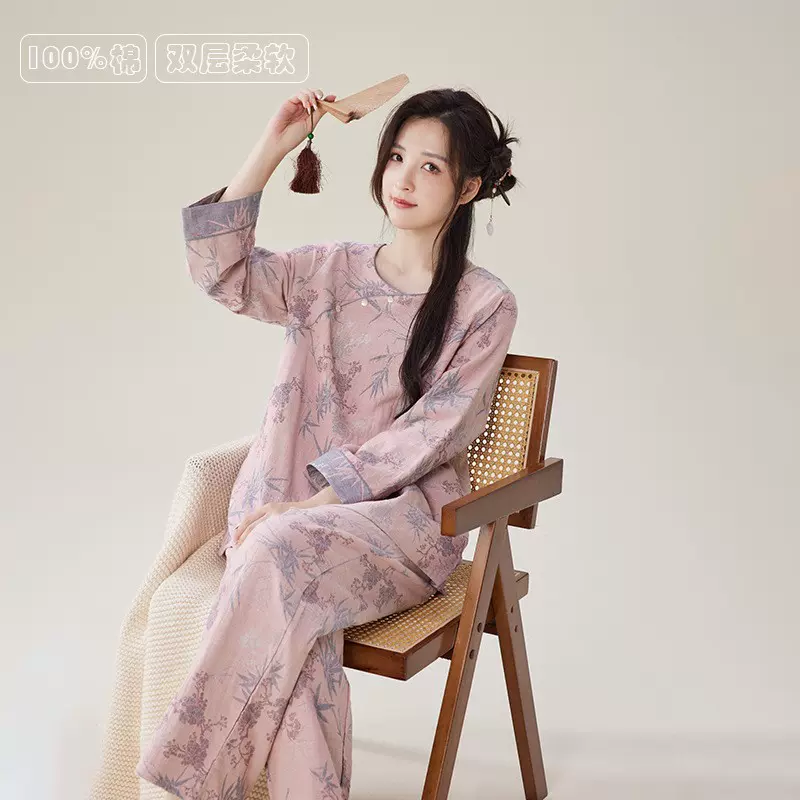 国风睡衣新中式纯棉双层纱薄款女春秋长袖定制家居服套装批发