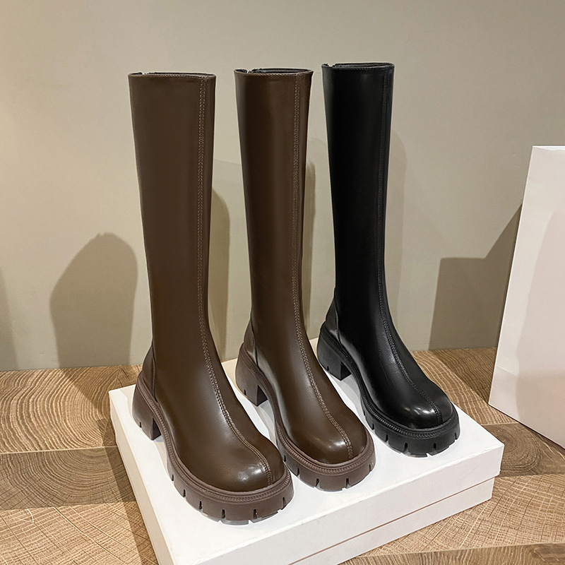 Thick bottom flat boots 2024 new high boots thick heel but knee chubby girl widened rear zipper knight boots