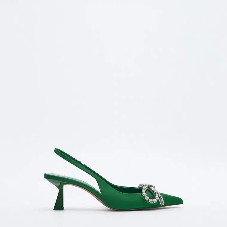 New pointed green high-heeled butterfly knot embellished rhinestone Mueller shoes with exposed heels, shallow mouth, slim heel sandals for women