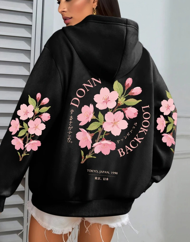 Foreign Trade Don'T Look Back Tokyo Floral Pattern Women's Hoodie Autumn Loose Casual Pocket Fleece Pullover