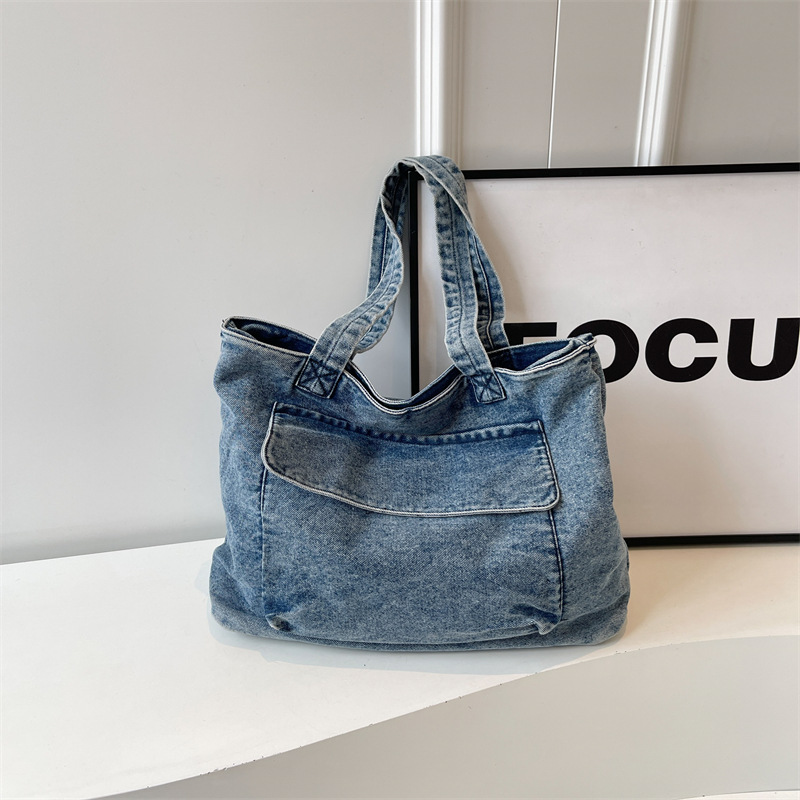 Denim large capacity tote bag for women 2024 cross-border new style literary student shoulder bag high-quality texture underarm bag