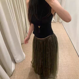 26春夏油彩桑蚕丝拼接网纱半身裙复古油画风气质拖地纱裙女