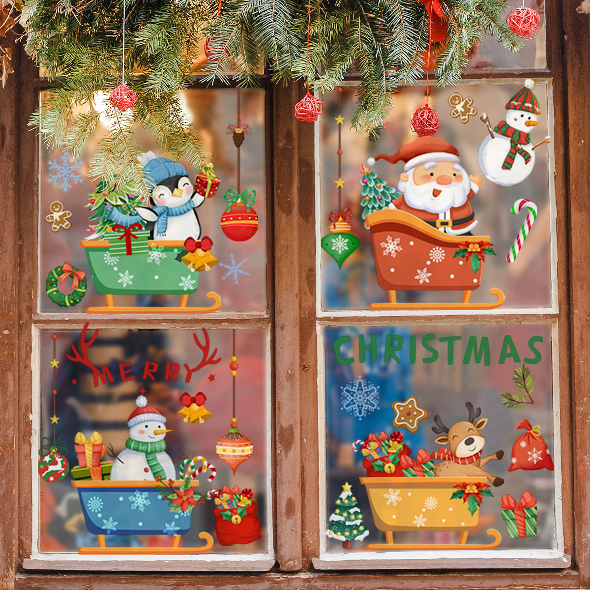 Các loại hình dán kính tĩnh điện hình tuần lộc, chim cánh cụt, người tuyết, ông già Noel và xe trượt tuyết, dán cửa sổ hai mặt, có thể nhìn thấy được, dành cho Giáng sinh.