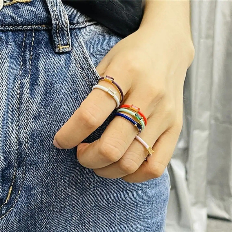 colorful epoxy 18k gold copper ring European and American inlaid square zircon index finger ring