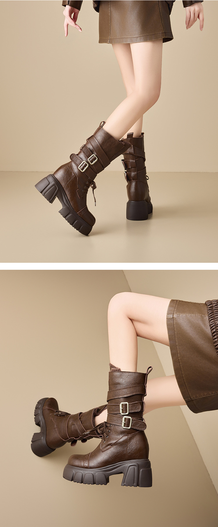 Boot cổ trung nữ gót vuông 10cm phong cách biker khóa thắt lưng — nhung nâu chi tiết 4