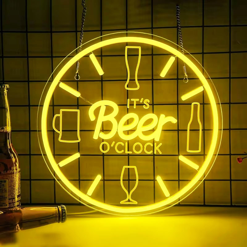 Round neon beer sign, wall decoration, dimmable, yellow LED light, suitable for bars and shops.