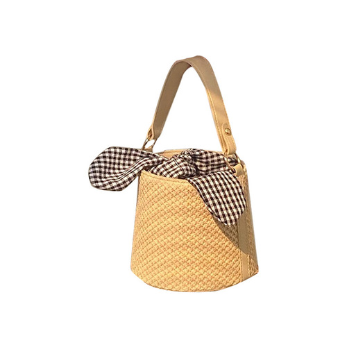  New Butterfly Bow Grid Wicker Bucket Bag Fashion Versatile Single Shoulder Crossbody Charming Wicker Handbag for Women
