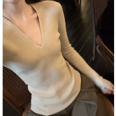 クリーム色のvネックのニットの服を身につけています。