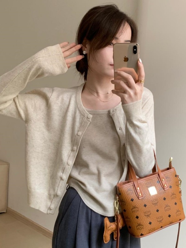 春秋季薄款小个子外搭长袖针织开衫上衣早秋chic红色毛衣短外套女|undefined