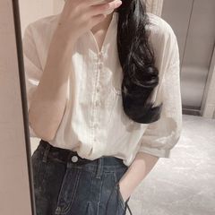 フランス風ホワイト半袖コットンリネンシャツ レディース 夏 デザイン性あり 個性的 カジュアル リネンシャツ 五分袖 ゆったり