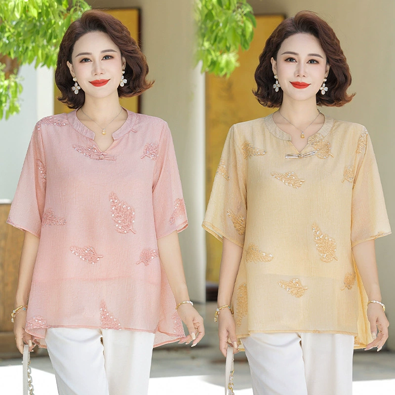 Летняя модная свободная рубашка с короткими рукавами для мамы, новинка 2025 года, женская одежда среднего и пожилого возраста, новый топ в иностранном стиле, футболка в китайском стиле