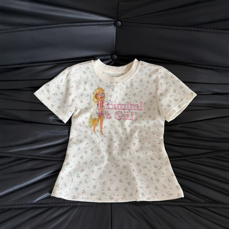 Korean-Style Floral Barbie Doll Print Waffle Shoulder-Length Short-Sleeve T-Shirt for Women, New Summer Slim-Fit Top