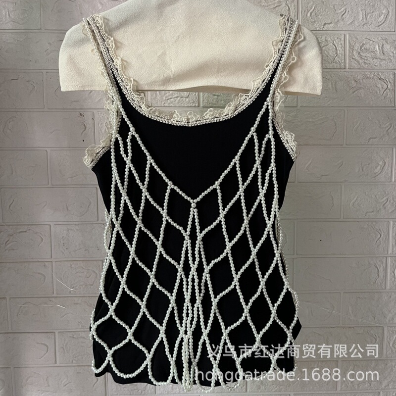 Japanese-Style Pearl Camisole French V-Neck Hollow Versatile Layered Beaded Vest Outerwear Slimming Simple Japanese-Style Pearl Camisole French V-Neck Hollow Versatile Layered Beaded Vest Outerwear Slimming Simple