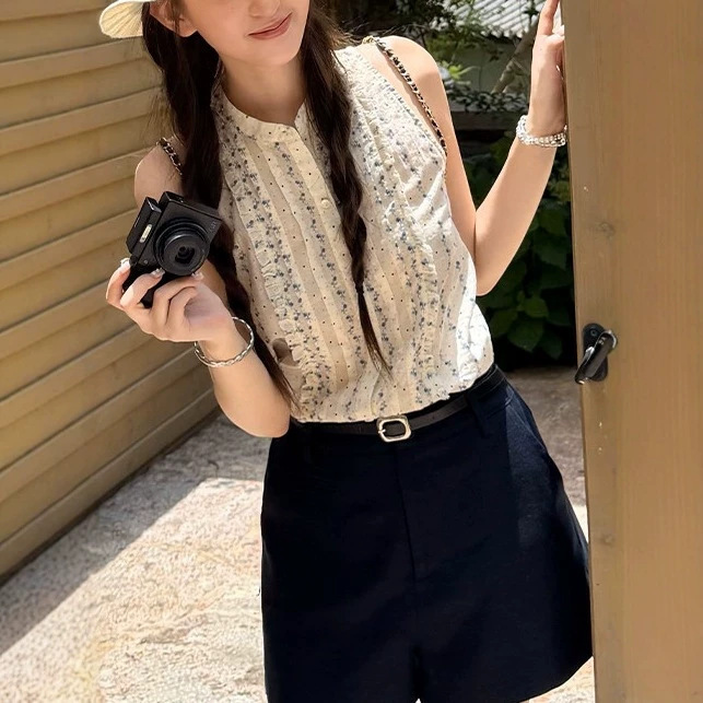 Summer Floral Print Vintage Girl Sleeveless Ruffled Floral Shirt for Women