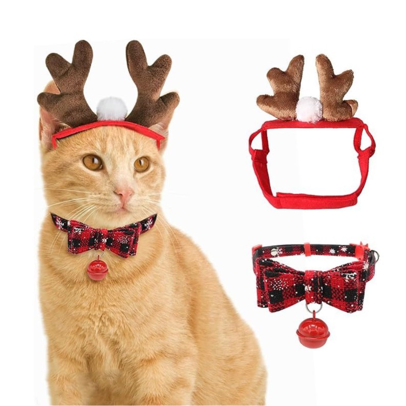 跨境新品狗狗驯鹿服装圣诞鹿角头套项圈小型犬猫咪圣诞节礼物服饰