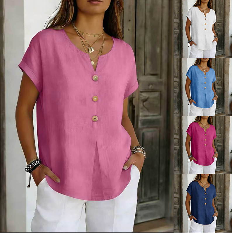 2026夏季女装wish纯色短袖扭扣棉麻上衣女亚麻衬衫女夏季现货