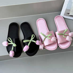 Sweet Tulip Slippers Girl's Indoor Household Non-Slip Lightweight Non-Slip Satin Flower Outer Wearing Slippers