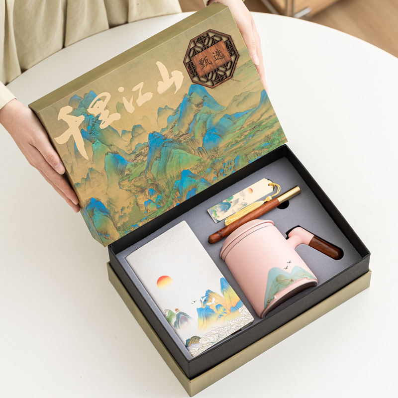 Taza de cerámica de tres piezas juego de regalos de negocios aniversario de la compañía PR regalos de mano logotipo tallado