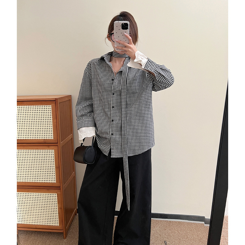 Cuff Lace Splicing Plaid Shirt Jacket Women's Spring Hong Kong Style Retro Loose Long-Sleeved Shirt
