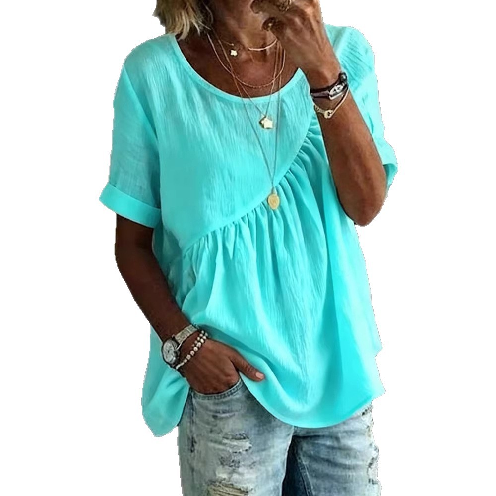 Women's Solid Color Ruffle Detail Short Sleeve T-Shirt round Neck Blouse Casual Outfit with Shirring_ecoleips.com