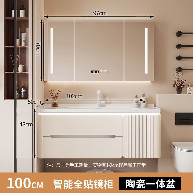 クリーム風水バスルームキャビネット洗面台オーク塗装セラミック一体型洗面台シンプルなバスルームキャビネット洗面台ライト高級なし|undefined