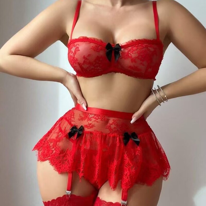 Cross-Border Foreign Trade European and American Style Sexy Lingerie Lace Bustier with Ruffled Edges Sheer Thin Sexy Pajama Set