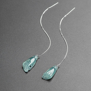 Natural Jade A Goods Blue Water Guanyin Hand Palm Pearl S925 Silver Ice Earrings Women's Jade Earrings Earrings