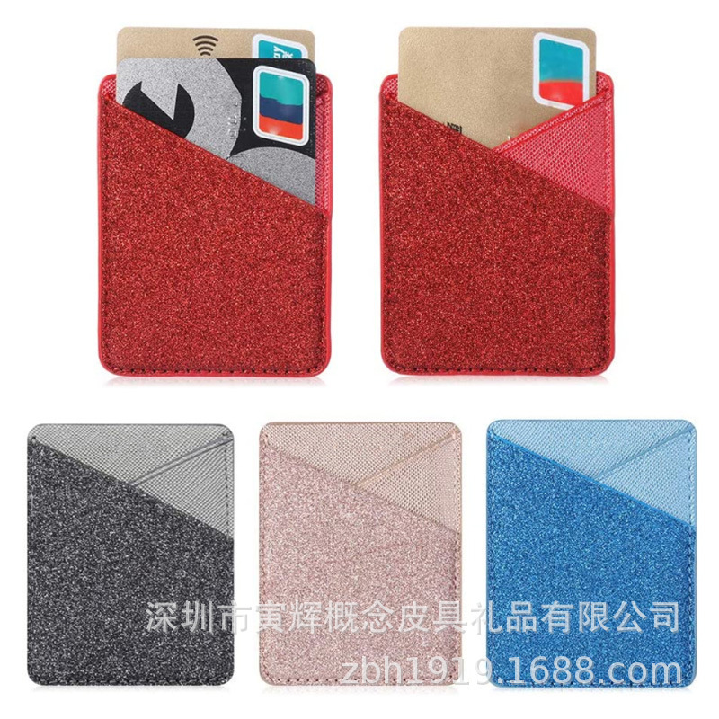 Sequin mobile phone back sticker creative PU card holder double card position Cross flash color leather mobile phone card holder logo