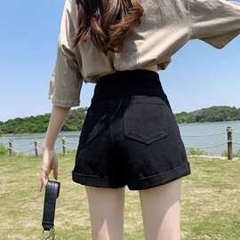 黑色牛仔短裤女夏季薄款2026年新款高腰显瘦弹力a字辣妹卷边热裤