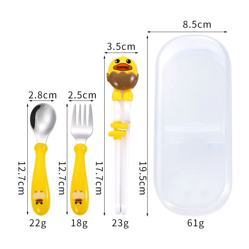 Nuevo acero inoxidable 304 niños dibujos animados palillos de entrenamiento bebé lindo suplemento cuchara tenedor portátil de tres piezas conjunto