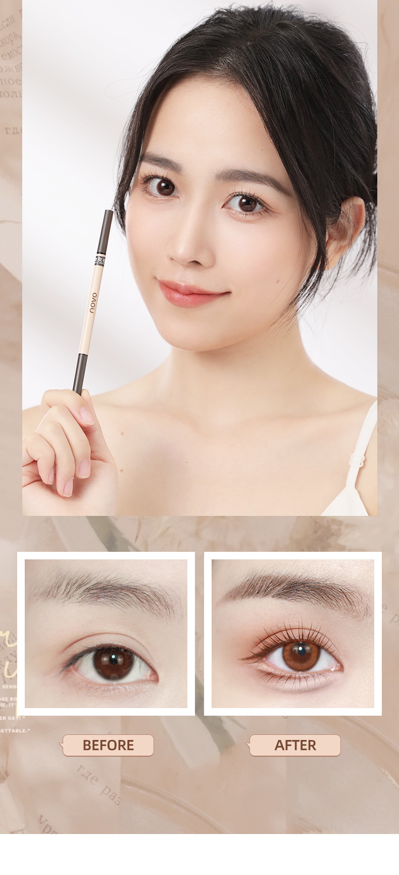 NOVO's ultra-fine misty eyebrow pencil is naturally and clearly distinguishable. It is waterproof, sweat-proof and does not smudge both eyebrows Item Picture
