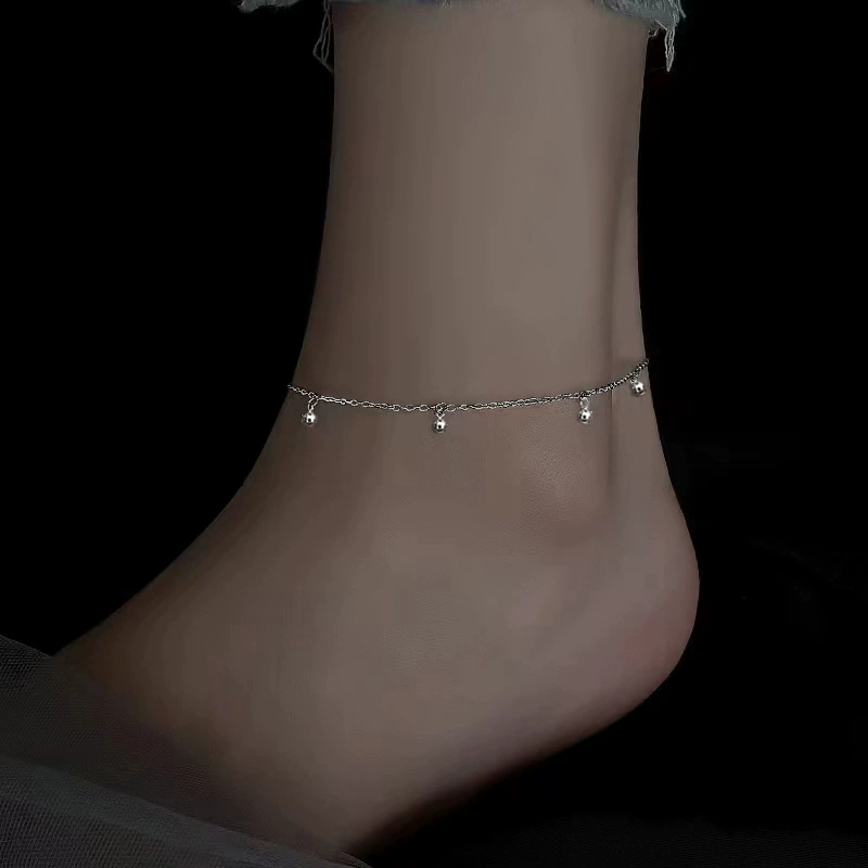 Small design ankle bracelet, universal round beads with tassels, silver 925 sample, light luxury style, high-quality style, simple and elegant design