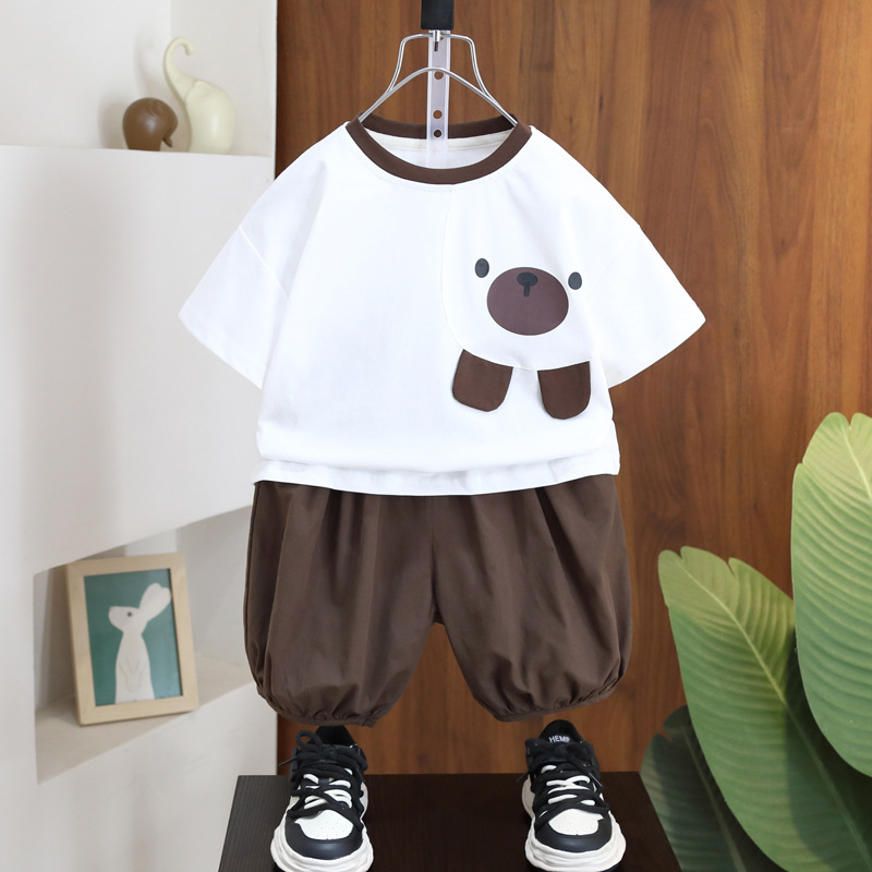 7237 Traje de verano para niños Traje de verano para niños Manga corta 2025 Nuevo estilo Estilo occidental Traje de dos piezas de moda de verano para bebés