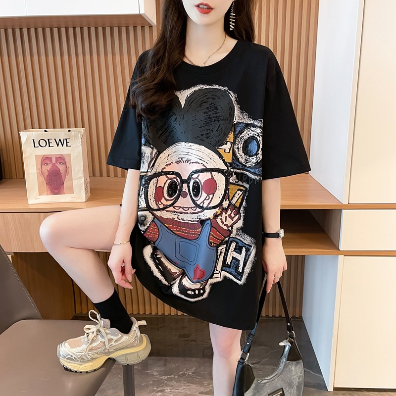 FA36997# 网红爆款拉布布短袖T恤女夏季韩版时尚宽松中长款大码半袖上衣ins 服裝批發女裝批發服飾貨源