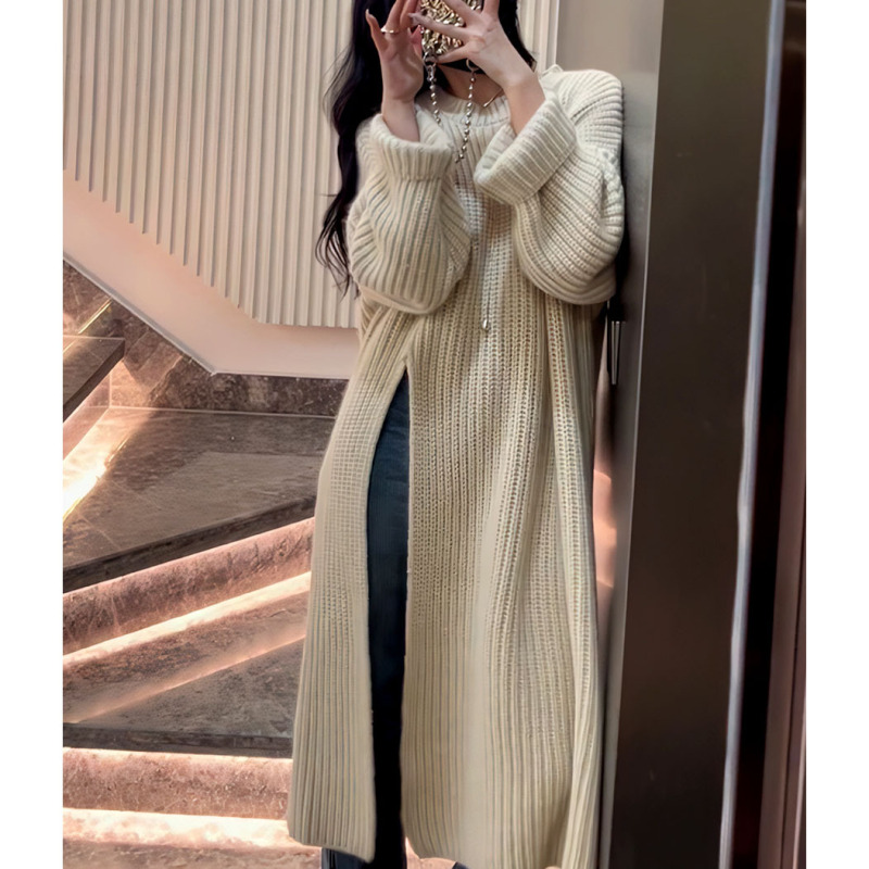 Korean Style Lazy Style Loose Knitted Dress for Women Autumn and Winter New Style Side Slit Design Mid-Length Pullover Sweater