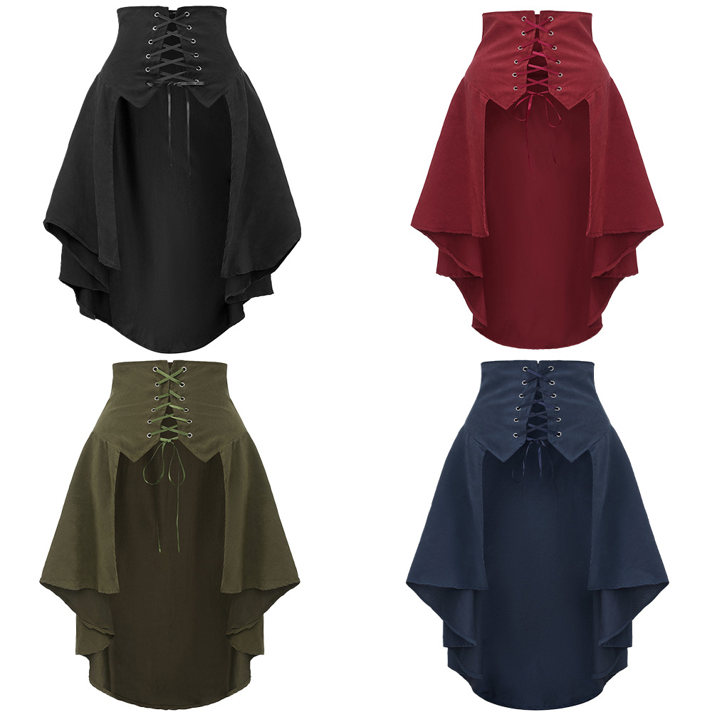 Retro Lace-Up High-Waisted Skirt, Medieval Style Asymmetrical Hem, Multiple Colors Available, Stage Performance Cosplay